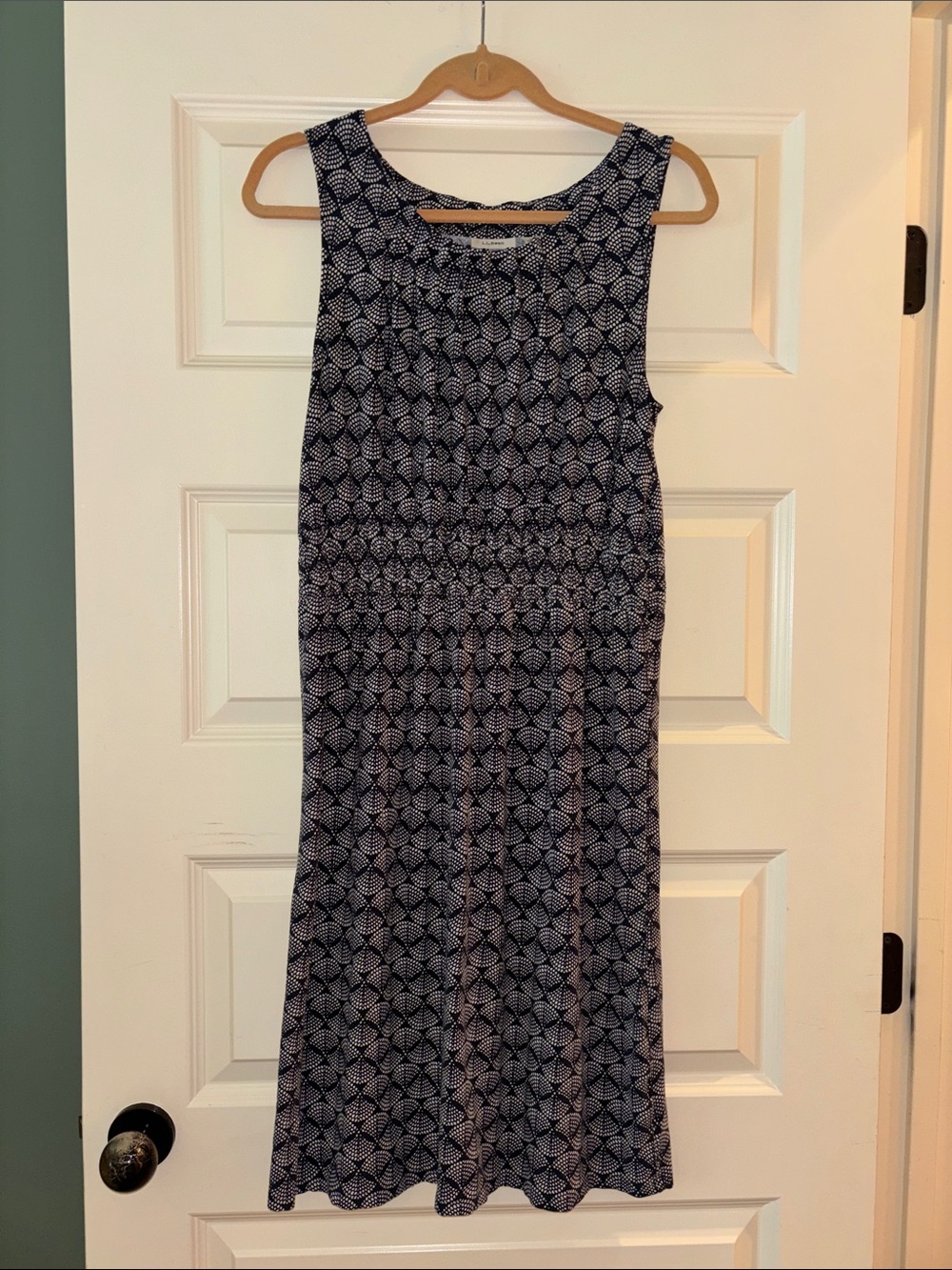 LL Bean Sleeveless Navy Ginko-Leaf Print Dress